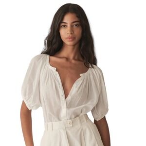 DOEN Women's June Puff-Sleeve Top salt organic cotton button down $168